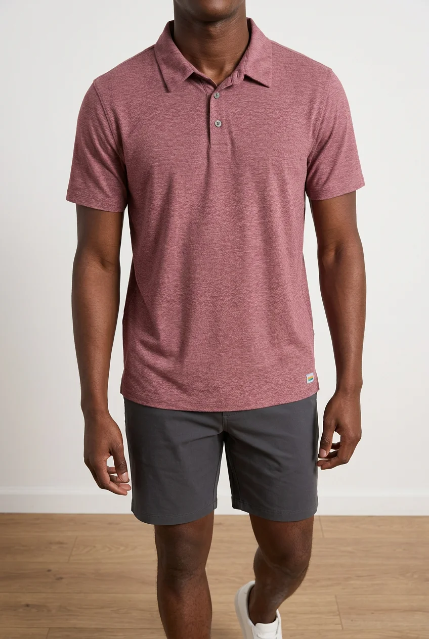 Vuori Mens Strato Tech Polo Shirt Short Sleeve Heathered Burgundy Maroon