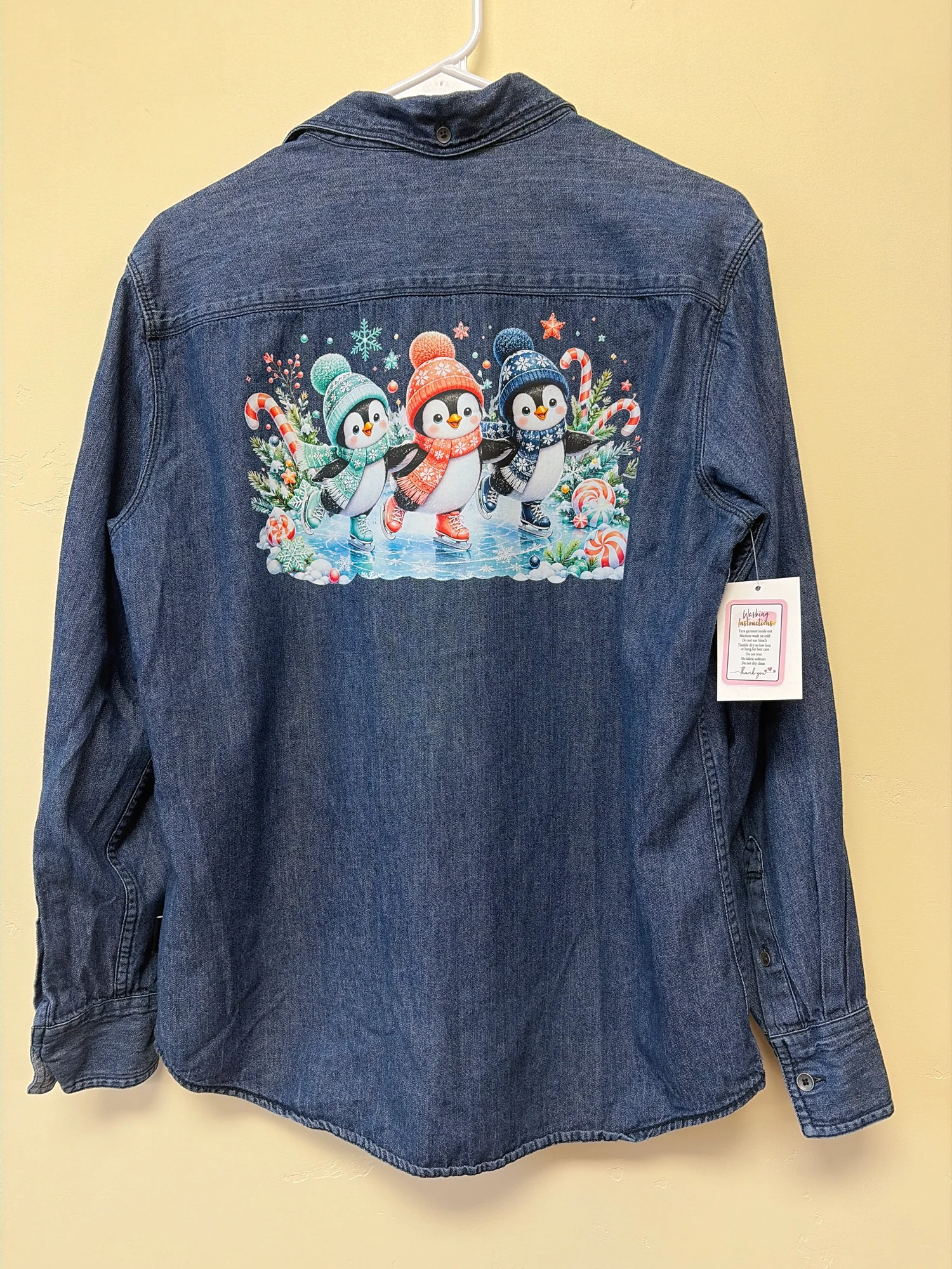 Upcycled Christmas Denim Shirt - Cute Ice Skating Penguins Graphic Size M