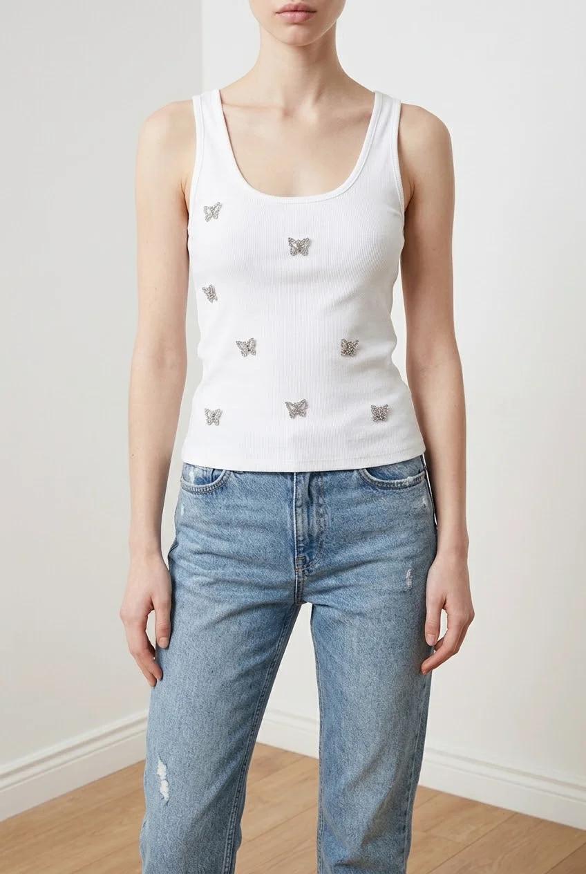 Zara Y2K Ribbed Tank Top with Rhinestone Butterfly Details