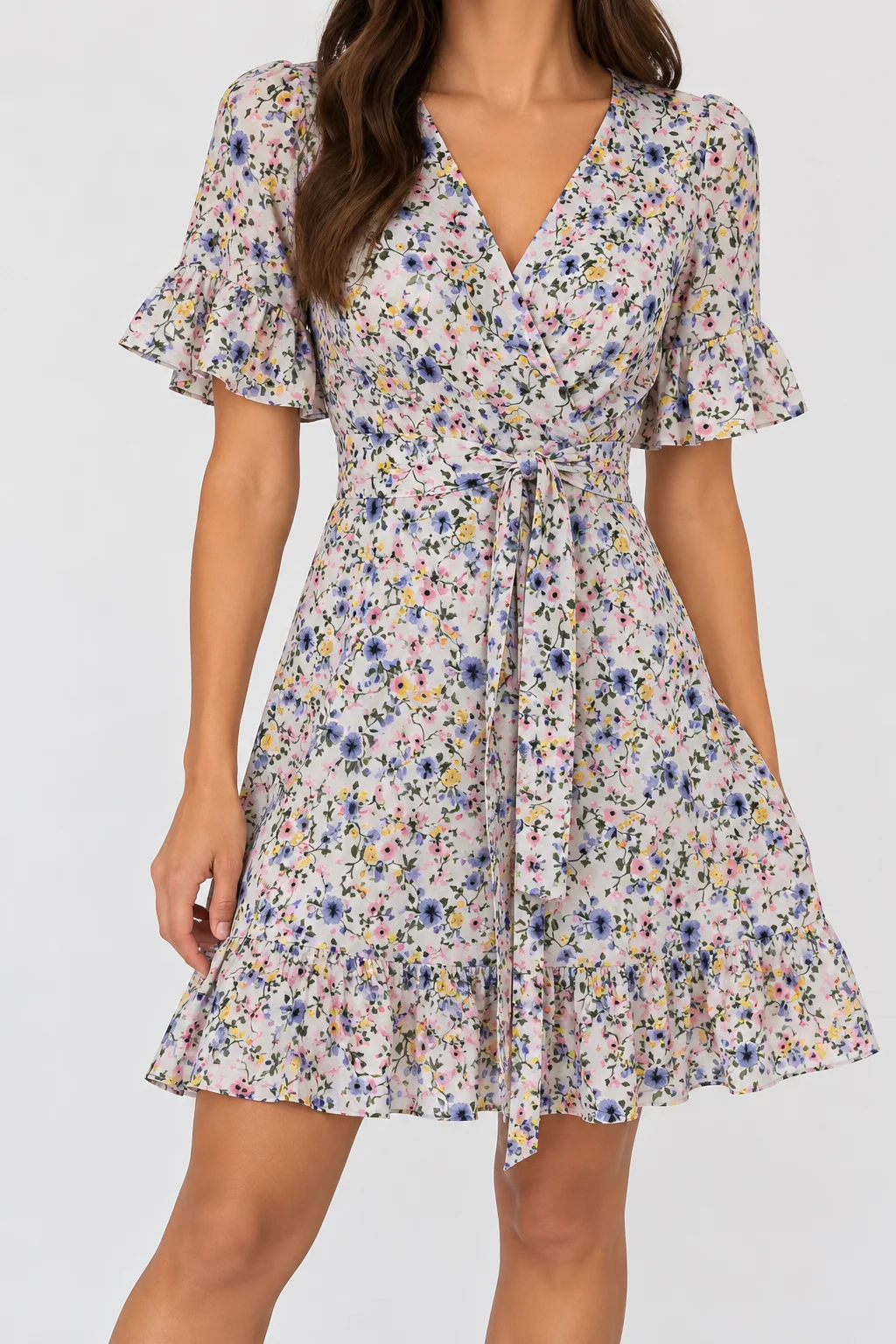PrettyLittleThing Women's Floral Wrap Front Ruffle Hem Mini Dress Ivory Pink Size 2