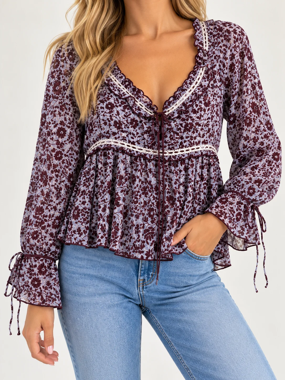 American Eagle Floral Corset Style Blouse Bell Sleeve Peplum Top Women’s Size XL
