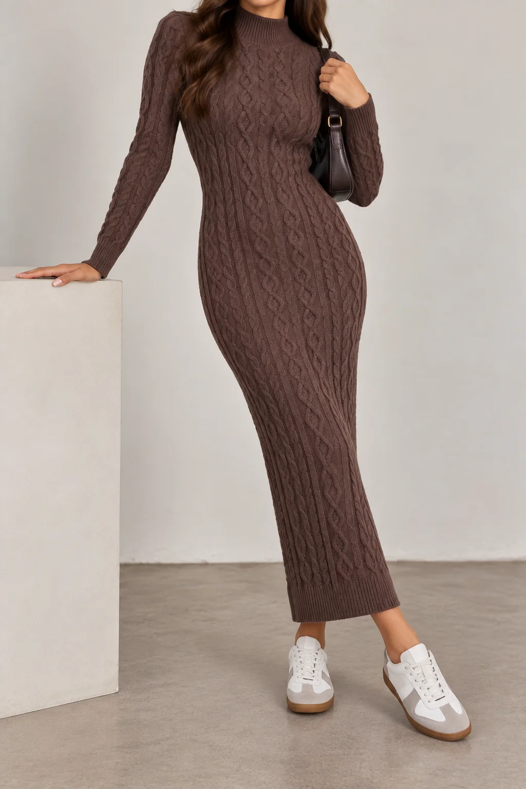 Flying Tomato Women's Cable Knit Mock Neck Sweater Dress Mauve Brown Size XS