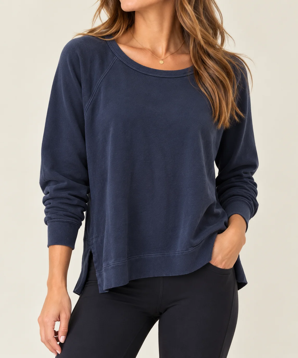 Athleta Coaster Luxe Recover Sweatshirt Navy Blue Size Large L Thumbhole Pullover