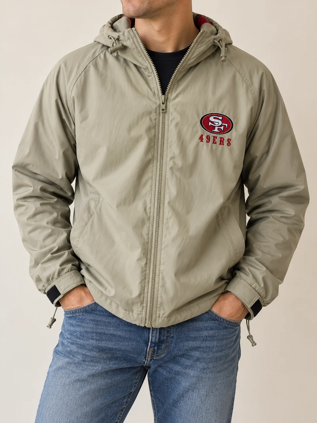 Vintage 90s Pro Player San Francisco 49ers Hooded Jacket Khaki Beige Men's XL