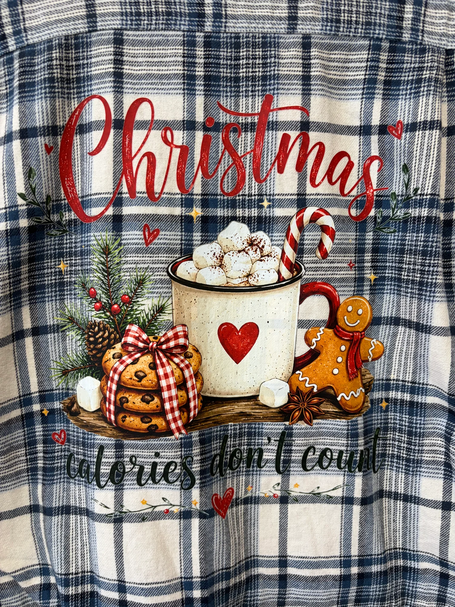 Upcycled "Christmas Calories Don't Count" Plaid Flannel Shirt – Size Large