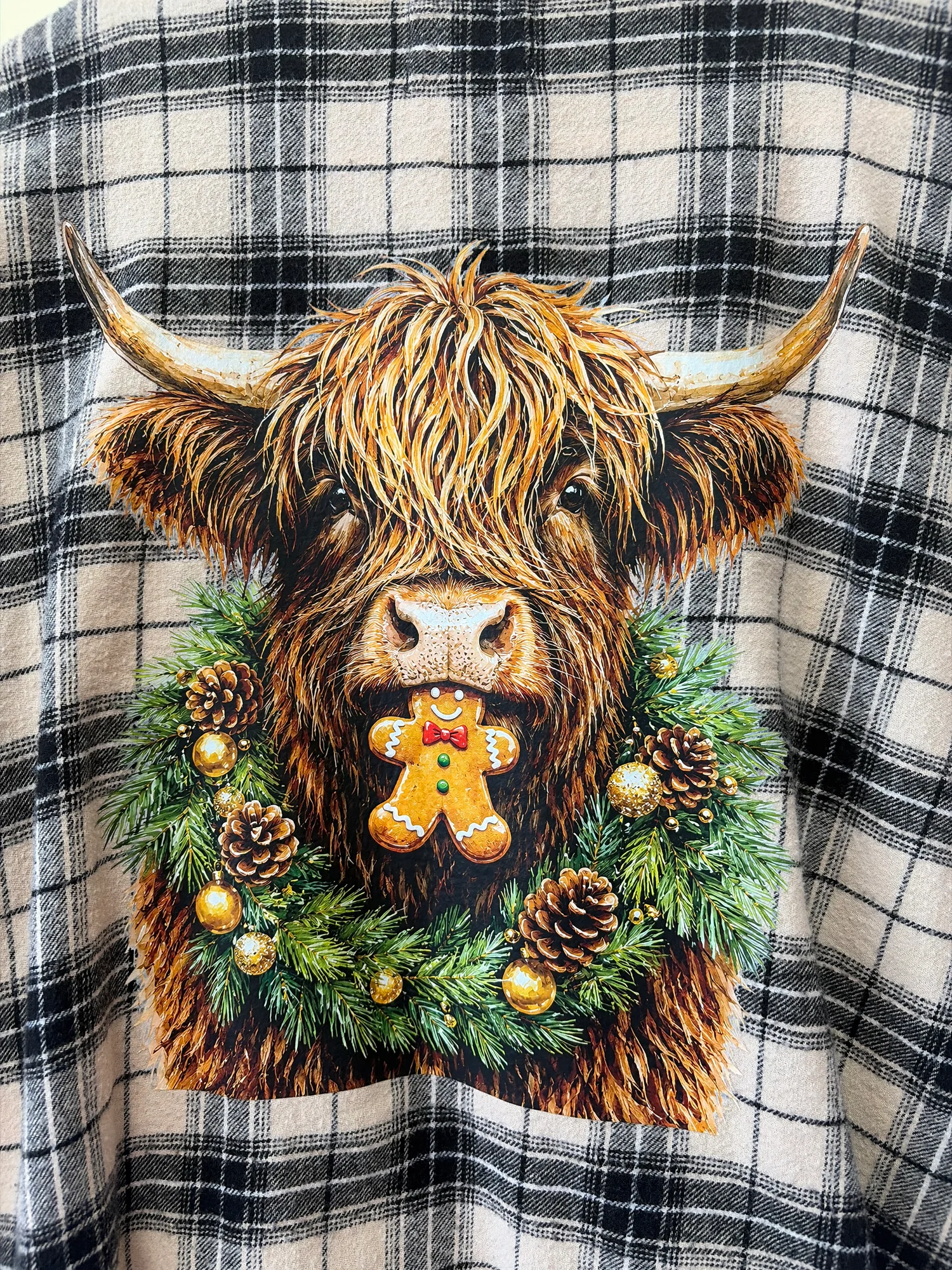 Upcycled Christmas Highland Cow Plaid Flannel – Handmade Holiday Shirt