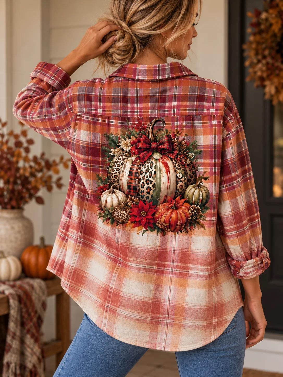 Upcycled Bleach Dipped Plaid Flannel Shirt Fall Leopard Pumpkin Graphic Women's XL