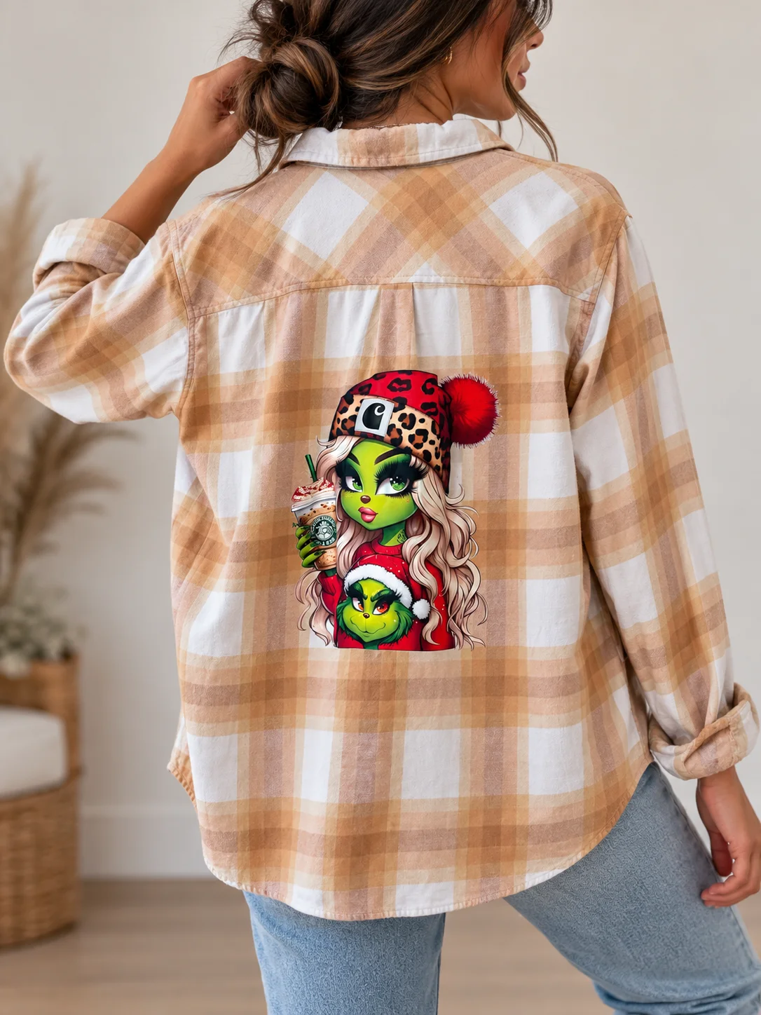 Upcycled Yellow Plaid Flannel Shirt Mean Green Girl Holiday Graphic Plus Size 2XL