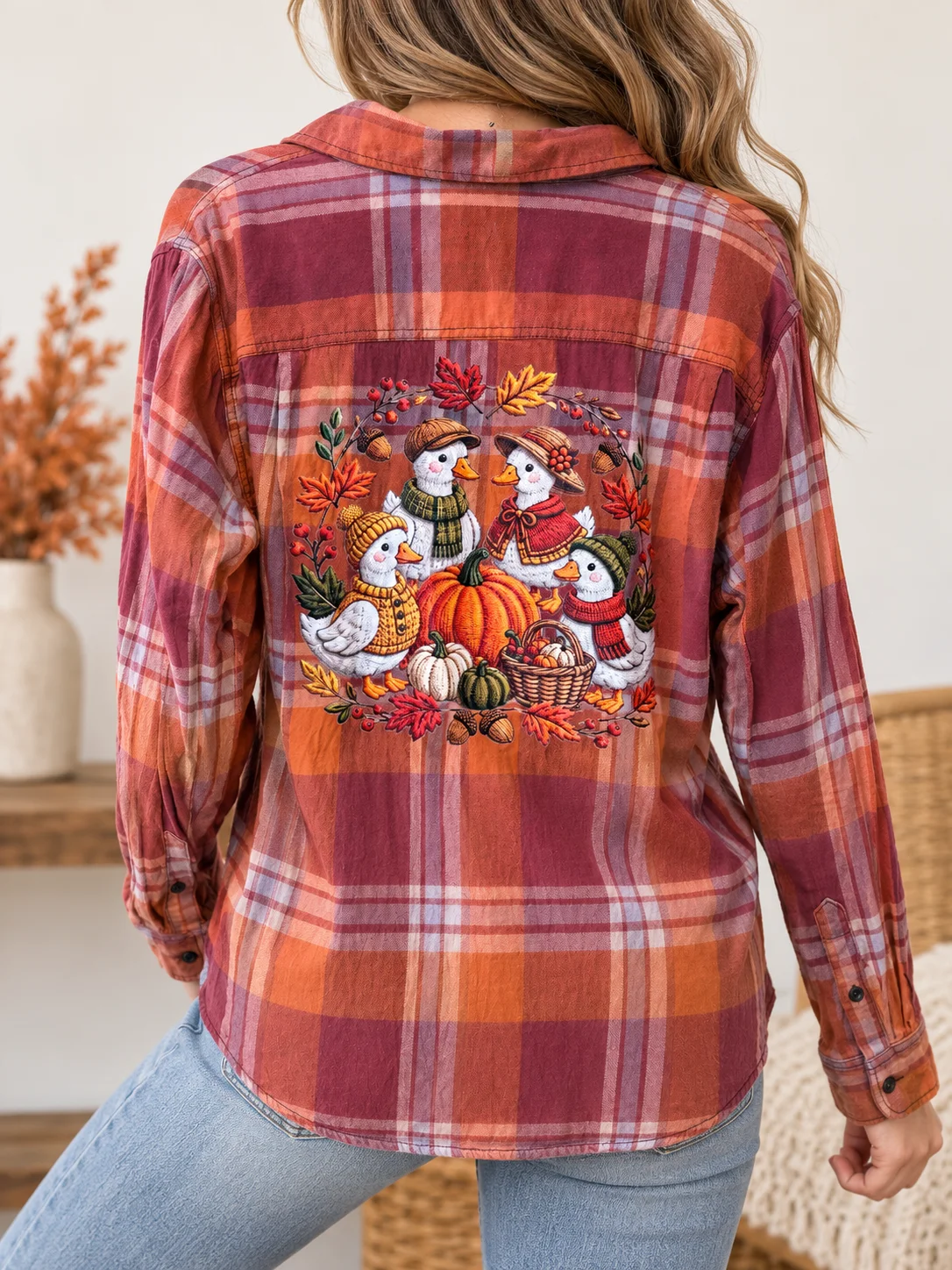 Women’s XL Upcycled Fall Plaid Flannel – Embroidered Ducks & Bleach-Dipped Hem