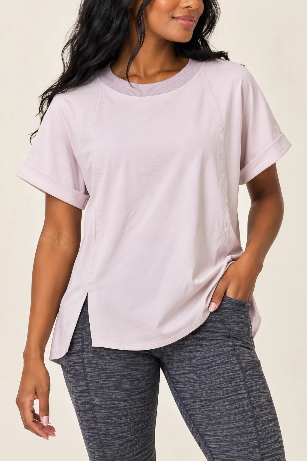 Athleta Seasoft Tee Light Pink Size Small S Cuffed Short Sleeve Rib Neck Top