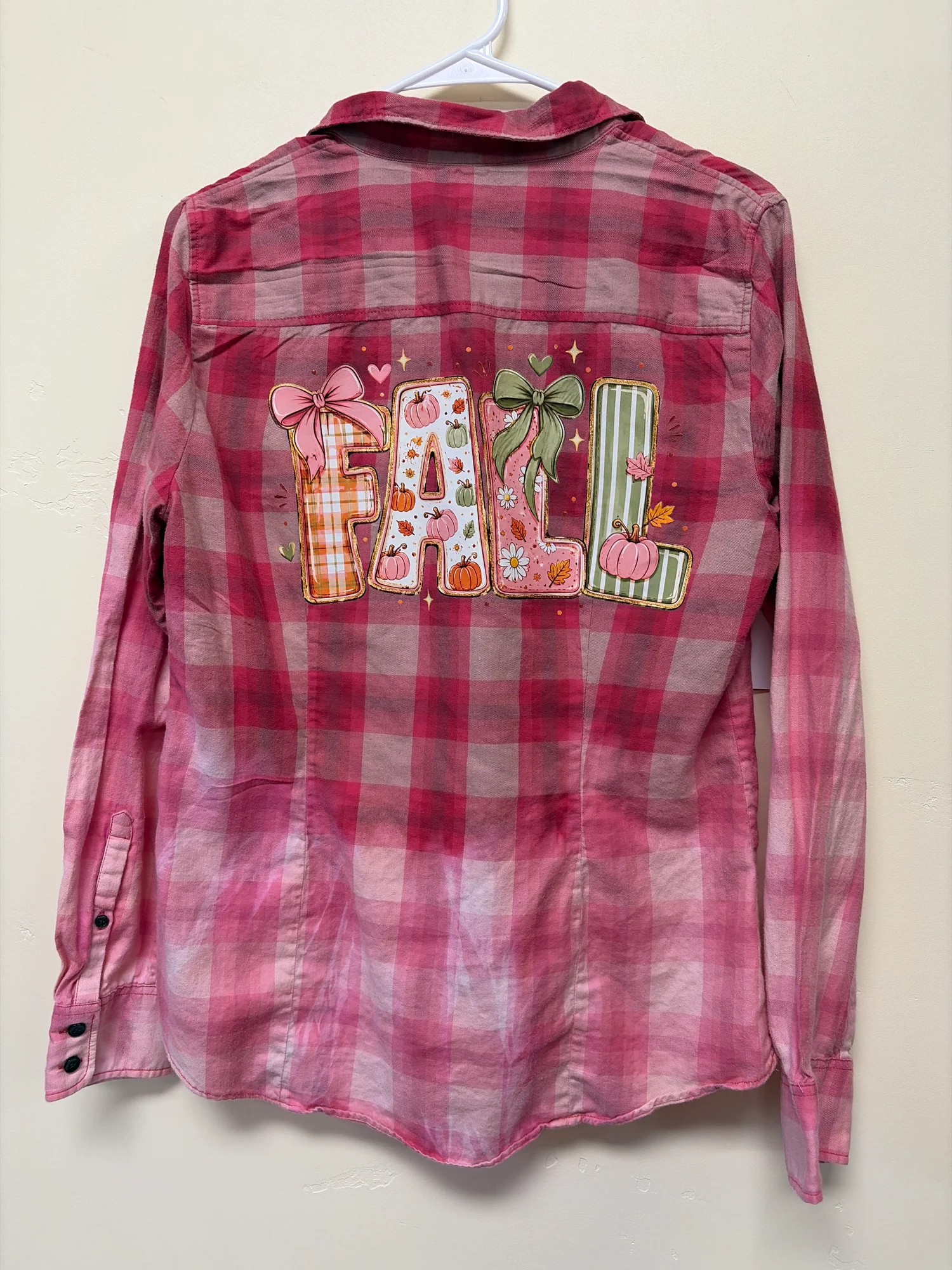 Upcycled J. Crew Pink Buffalo Plaid Flannel Shirt Bleach Dye Ombre Size M