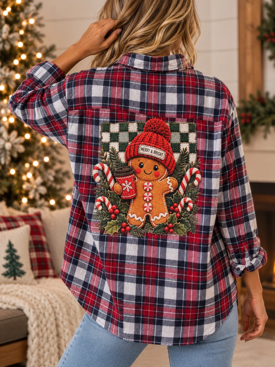 Upcycled Red Black Plaid Flannel Shirt Festive Gingerbread Man Merry Bright Men's XL