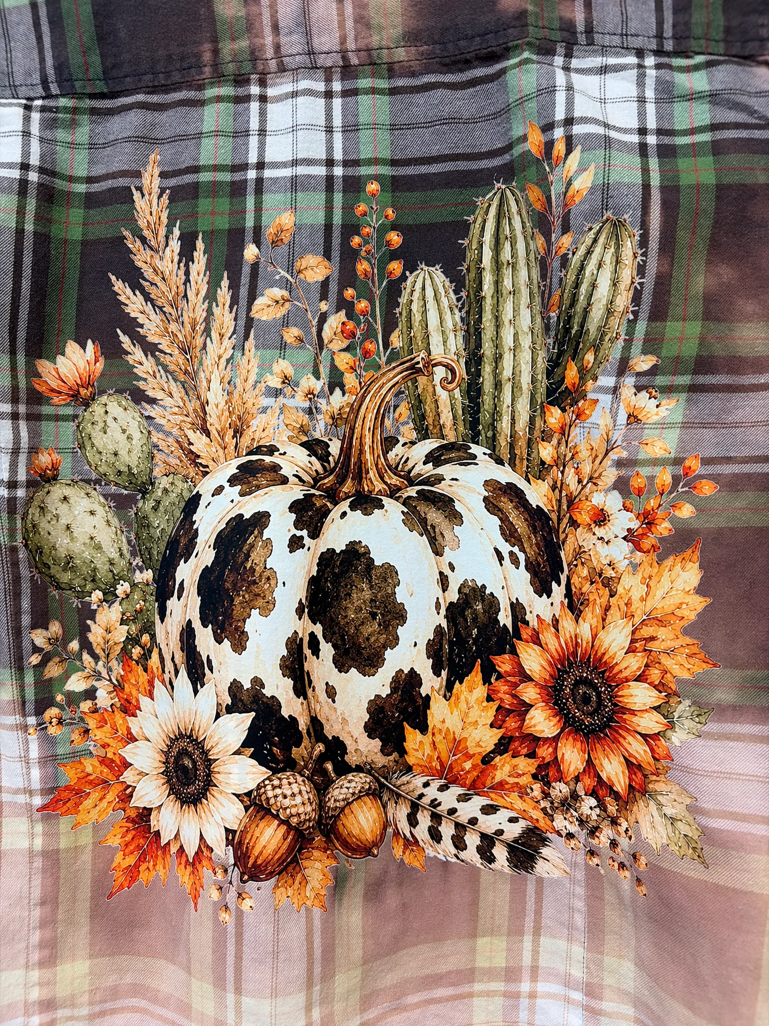 Upcycled Bleached Flannel Shirt with Cow Print Pumpkin Graphic – Distressed Fall Plaid Top