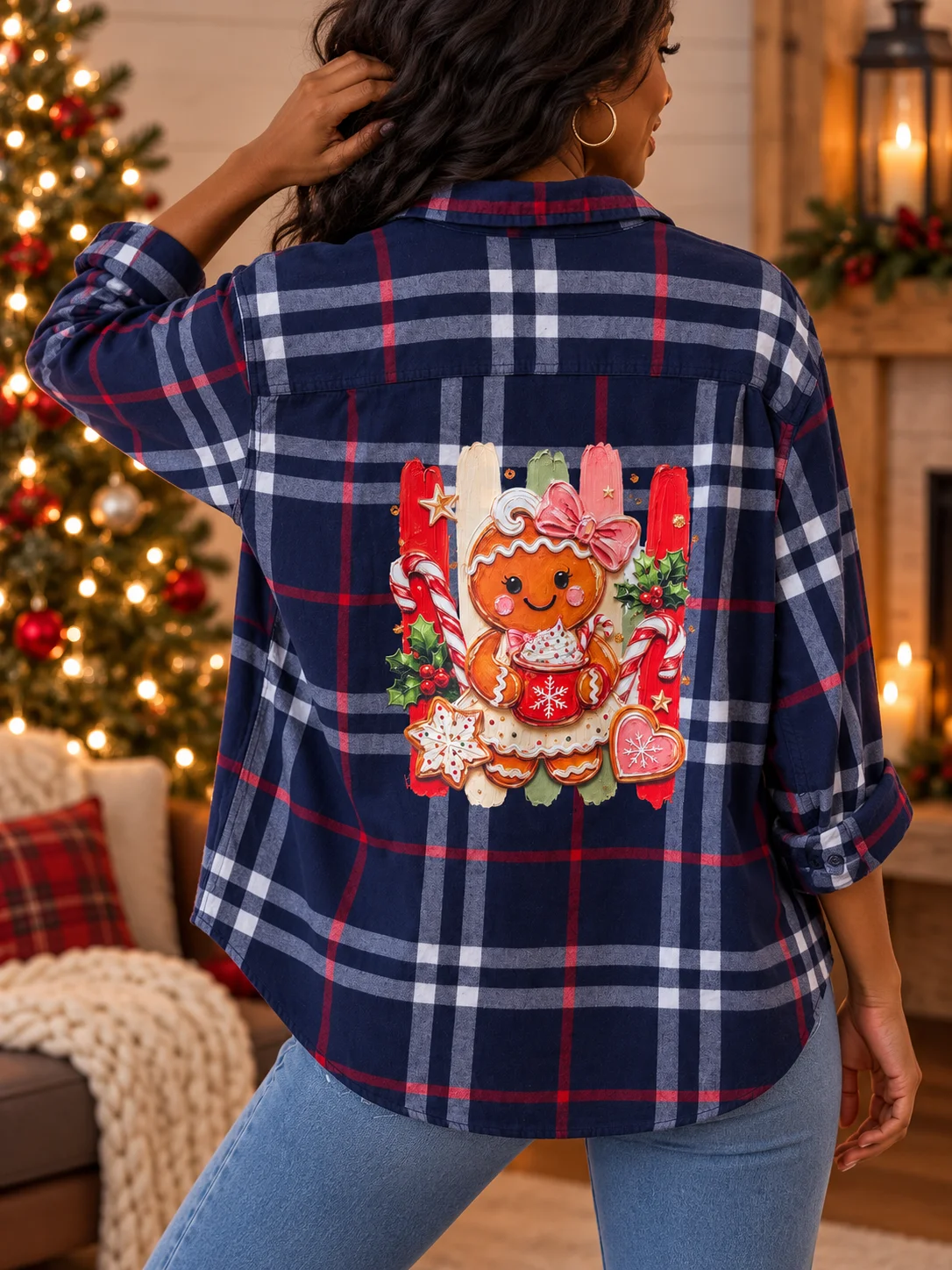 Upcycled Navy Blue Plaid Flannel Shirt Holiday Gingerbread Girl Graphic Women's XL