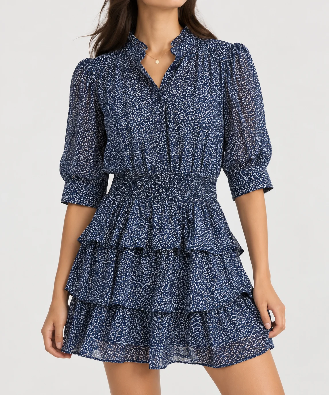 Michael Kors Blue Floral Cotton Lawn Tiered Mini Dress Smocked Waist Size Small