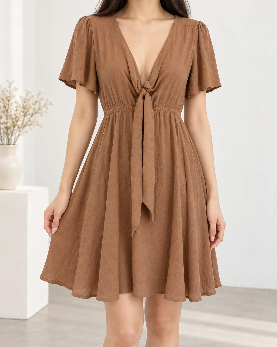 Wishlist Apparel Women’s Camel Brown Tie-Front Midi Dress Size Large