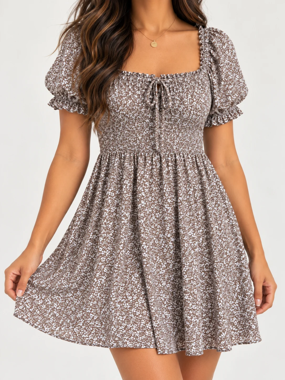 Aeropostale Floral Smocked Bodice Babydoll Dress Taupe Brown Puff Sleeve Women’s XL