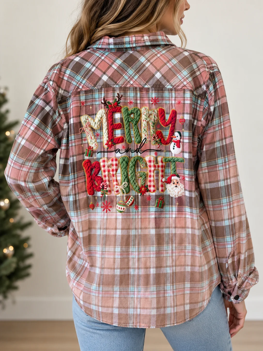 Upcycled Christmas Flannel Bleach Dipped Plaid Shirt 2X