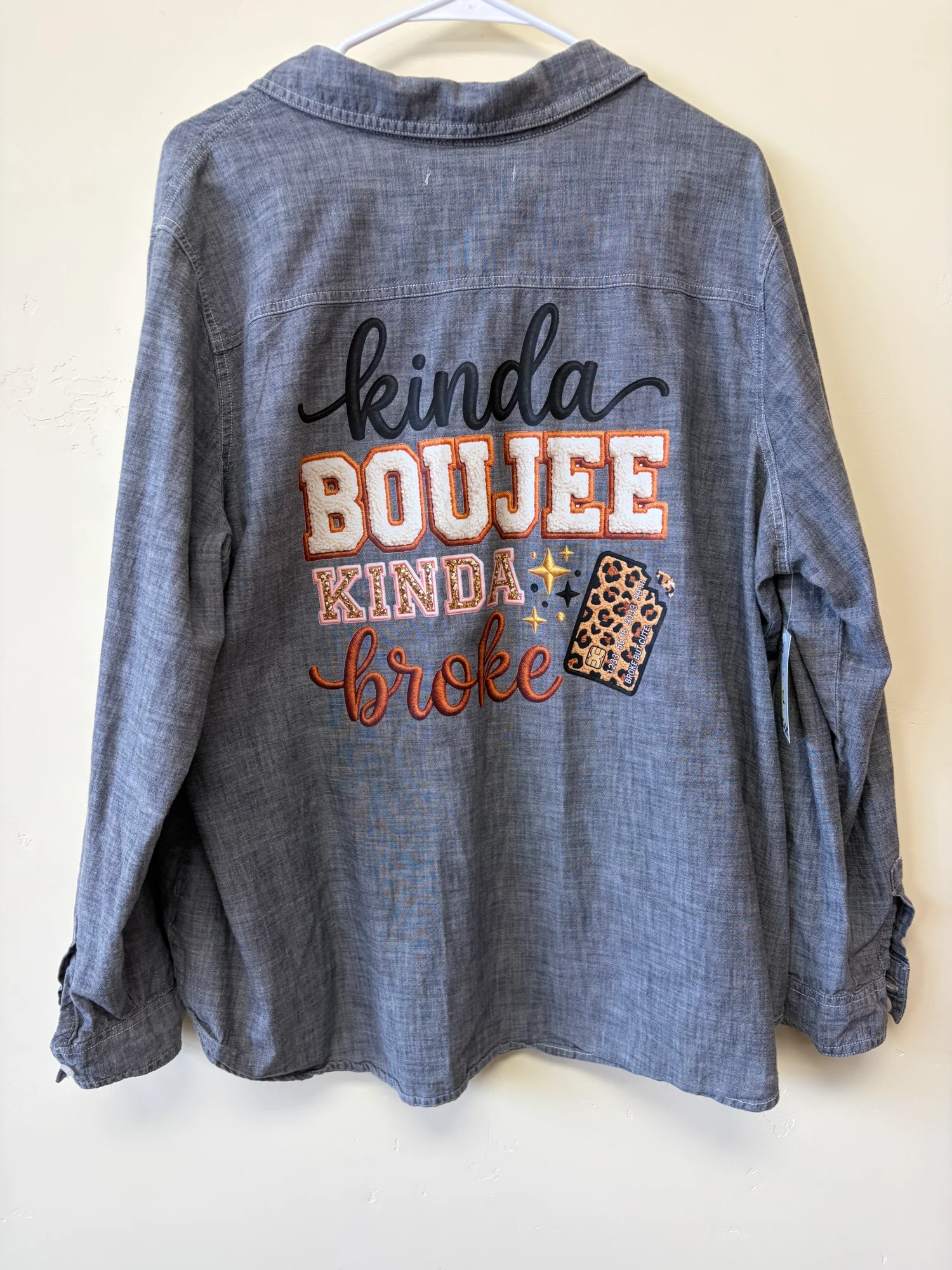 Upcycled Old Navy "Kinda Boujee Kinda Broke" Chambray Shirt – Women's Size XXL
