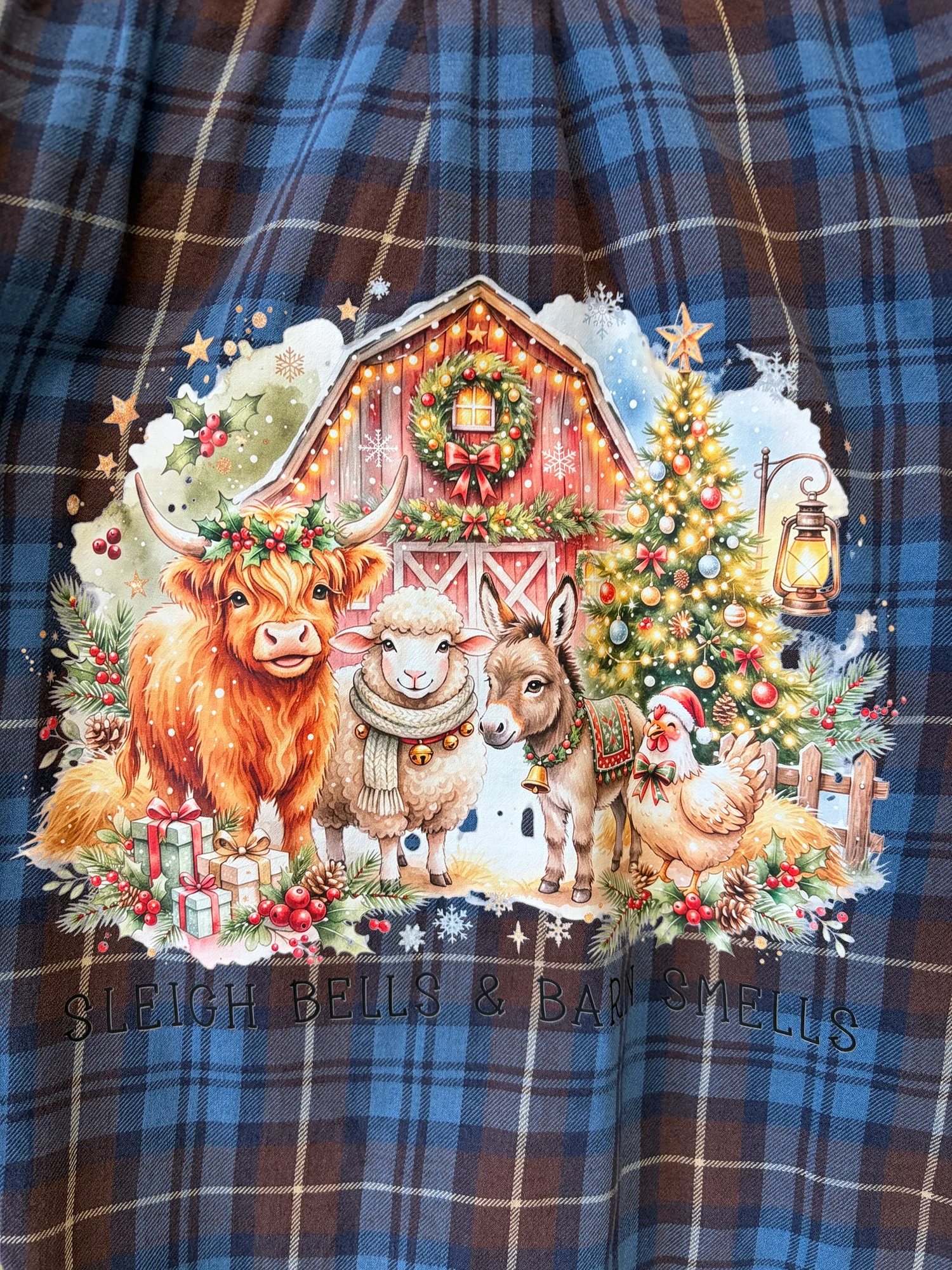 Upcycled "Sleigh Bells & Barn Smells" Festive Farm Plaid Flannel Shirt
